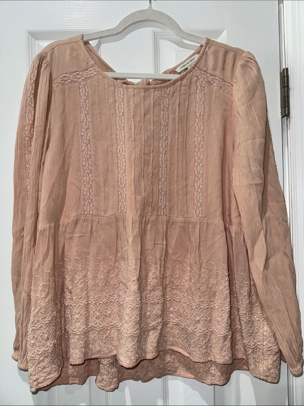 American Eagle Outfitters Blush Pink Lace-Trim Peasant Blouse